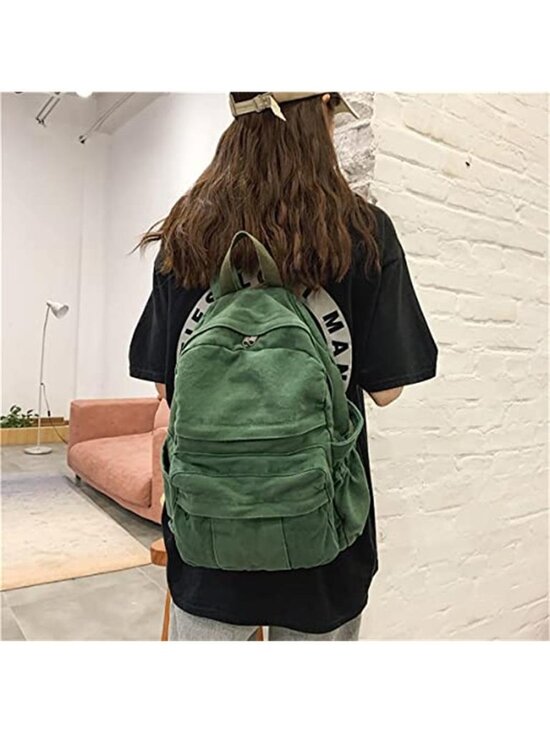 Green Canvas Backpack Women Vintage School Travel Laptop Rucksack Large main image 4